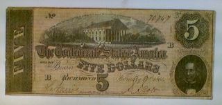 1864 Confederate States Richmond Va $5 Five Dollar Large Currency Note.
