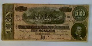 1864 Confederate States Richmond Va $10 Ten Dollar Large Currency Note.