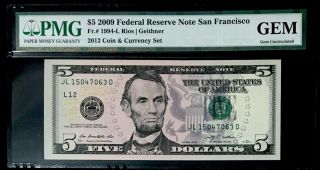 $5 Federal Reserve Note 2012 Coin & Currency Set (note Only) - Pmg Gem = 65 - 66