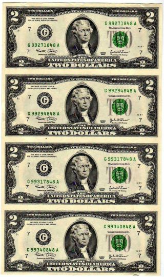 Uncut Chicago (g) Federal Reserve Note $2.  00 Sheet Of 4: Series 2003: Bp 10