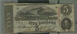 1863 $5 Five Dollar Confederate States Of America Currency Note
