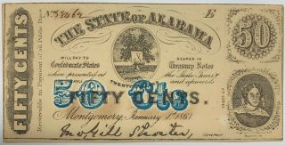 1863 State Of Alabama 50 Cent Treasury Note Au Fractional Currency