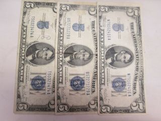 Three 1934 Us $5 Silver Certificate Notes