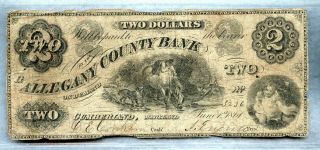 1861 $2 The Allegany County Bank Cumberland,  Md Obsolete Bank Note Vg