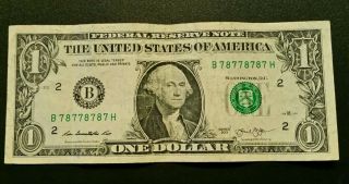 2013 $1 Federal Reserve Note Fancy Serial Number Binary 78778787 Rare