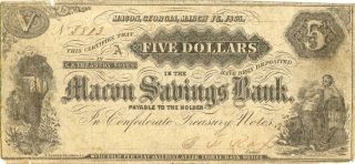 Georgia Macon Savings Bank $5 Dollars Obsolete Currency Banknote 1863