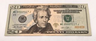 2013 20 Dollar Bill Note Very Low Serial Number 00007117