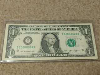 2013 One Dollar Federal Reserve Note Serial Number I00000308b Very Low Serial N.