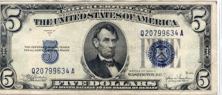 Series 1934 C Blue Seal $5 Five Dollars Silver Certificate Note - Iii