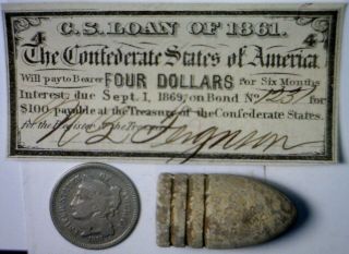 1861 Confederate Era $4 Interest Note,  Civil War Bullet,  1868 Three Cent Coin Nr