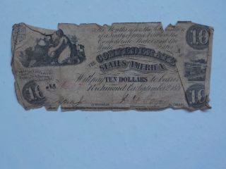 Civil War Confederate 1861 10 Dollar Bill Richmond Virginia Paper Money Note Cs
