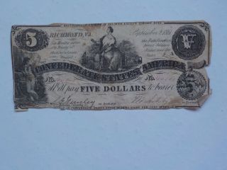 Civil War Confederate 1861 5 Dollar Bill Richmond Virginia Paper Money Note Cs