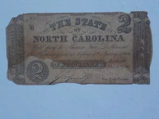 Civil War Confederate 1861 2 Dollar Bill Raleigh North Carolina Paper Money Vtg