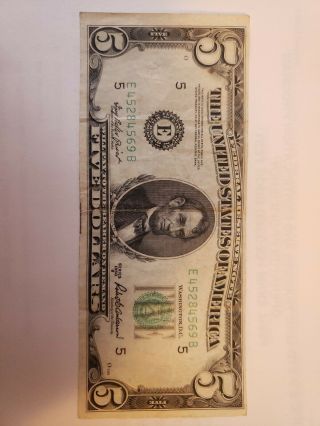 1950b Five Dollar Bill $5 Federal Reserve Note Green Seal No In God We Trust.