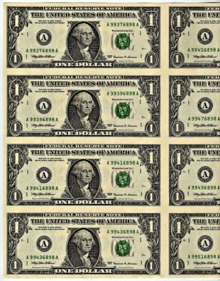 Uncut Boston (a) Federal Reserve Note $1.  00 Sheet Of 8: Series 1999: Bp66