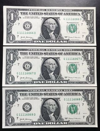 (3) One Dollar Bill Consecutive Solid First Quad 1111 Four Of Kind In A Row Unc