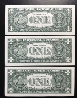 (3) ONE DOLLAR BILL CONSECUTIVE SOLID FIRST QUAD 1111 FOUR OF KIND IN A ROW UNC 2