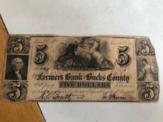 1841 $5 The Farmers Bank Of Bucks County Bristol Pa Us Obsolete Note - No.  1144