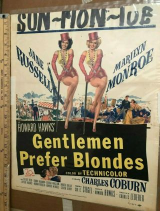 Gentlemen Prefer Blondes (1953) Orig Marilyn Monroe Window Card/jane Russell