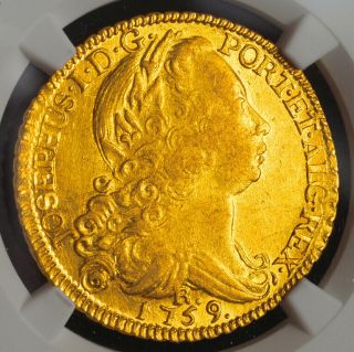 1759 - R,  Brazil,  Prince Jose I.  Gold 6400 Reis (peca) Coin.  Ngc Au,