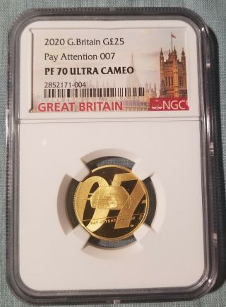 2020 Uk 007 Bond 1/4oz Gold Coin 2 Pay Attention Ngc Pf70 Ultra Cameo