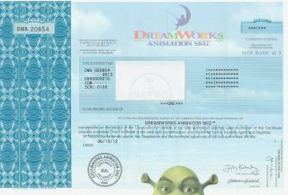 Dreamworks Animation Issued Stock Certificate Universal Pictures Shrek