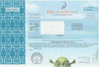 DREAMWORKS ANIMATION ISSUED STOCK CERTIFICATE UNIVERSAL PICTURES SHREK 3