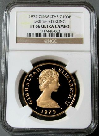 1975 Gold Gibraltar 750 Minted 100 Pounds Ngc Proof 66 Uc " British Sterling "