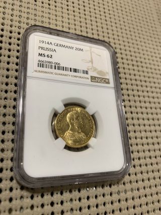 1914 Germany Prussia Gold 20 Marks Ms 62 Ngc Coin Ms62 German Military Bust