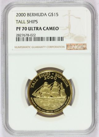 2000 Bermuda $15 Tall Ships Gold Proof Coin - Ngc Pf 70 Ucam - Mintage 1,  500