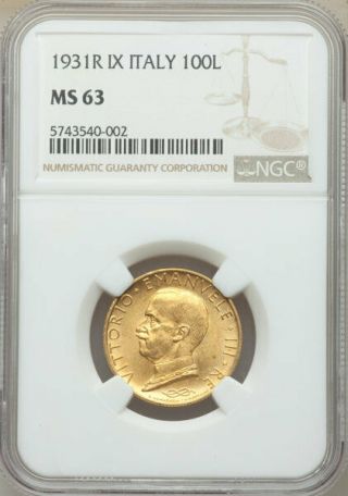 Ngc Italy 100 Lire 1931 Gold Ms63 Choice Unc Cv $2500 M8