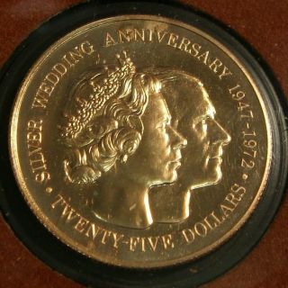 1972 $25 Cayman Islands Proof Gold Coin 25th Queen Elizabeth & Philip.  2222 Ag