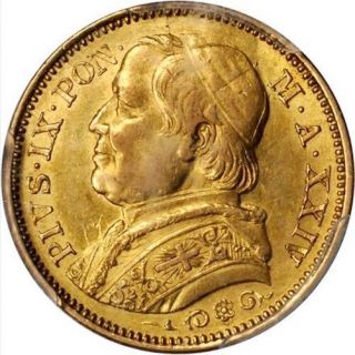 Italy Papal States 1869 20 Lire Gold Coin Almost Uncirculated Certified Pcg Au55