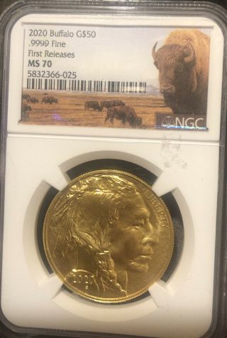 2020 1 Ounce.  999 $50 Gold Buffalo Coin Ms 70 First Releases