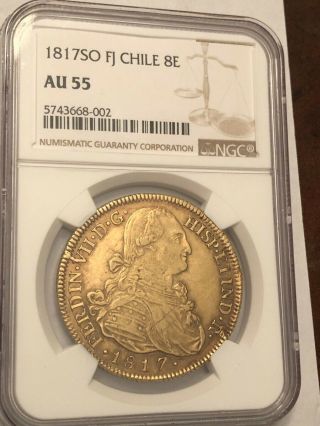 1817 - So Fj Santiago Chile 8 Escudos Large Gold Coin.  Ngc Au - 55 Nkrd002