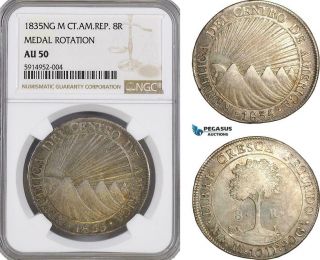 Ag036,  Central American Republic,  Guatemala 8 Reales 1835 Ng M,  Silver,  Ngc Au50