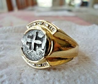 18k Yellow Gold Ring With 1/2 Reale Silver Spanish Treasure Cob Coin