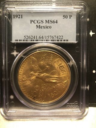 1921 50 Peso Mexican Gold Coin Pcgsms 64