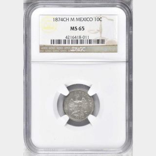 1874 Ch M Mexico 10 Centavos,  Ngc Ms 65,  None Finer @ Ngc,  Scarce Ch