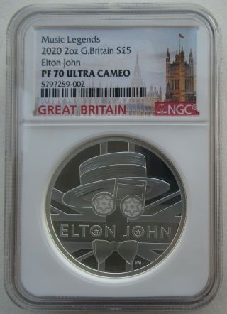 Ngc Pf70 Great Britain Uk 2020 Music Legends Elton John Silver Coin 2oz 5 Pounds