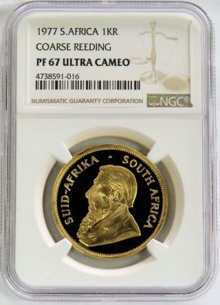 1977 Gold South Africa 1 Oz Course Reeding Proof Krugerrand Ngc Pf 67 Uc
