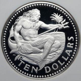 1973 Barbados Caribbean Vintage Large Silver Coin W Neptune Poseidon Ngc I85427