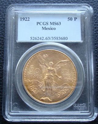 1922 Mexico $50 Pesos Gold 37.  5 Pure Gold Pcgs63