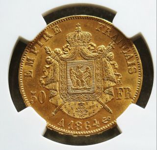 1864 A GOLD FRANCE 50 FRANCS NAPOLEON III NGC STATE 61 3
