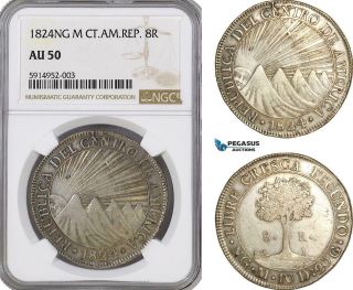 Ag034,  Central American Republic,  Guatemala,  8 Reales 1824 Ng M Silver,  Ngc Au50