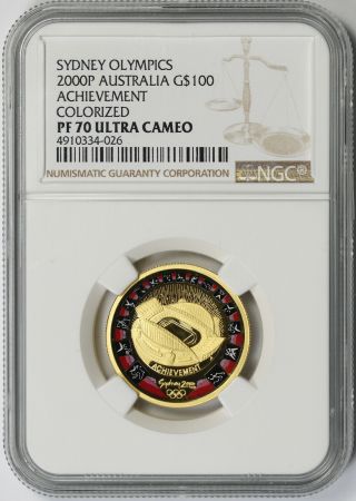 2000 P Australia Achievement Colorized Sydney Olympics Gold $100 Pf 70 Ucam Ngc