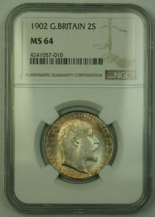 1902 Great Britain 2 Shillings Florin Silver Coin Ngc Ms - 64 Toned