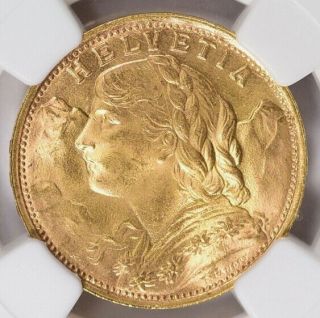 1947 - B Swiss Gold 20 Francs Ngc Ms - 65 Gem Error Richter A86 45° Axis Rotation.