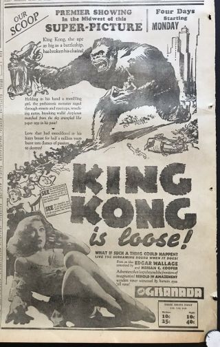 1933,  King Kong,   Newspaper Movie Ad (scarce/vintage) Emporia,  Kansas