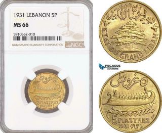 Af915,  Lebanon,  5 Piastres 1931,  Ngc Ms66,  Pop 1/0